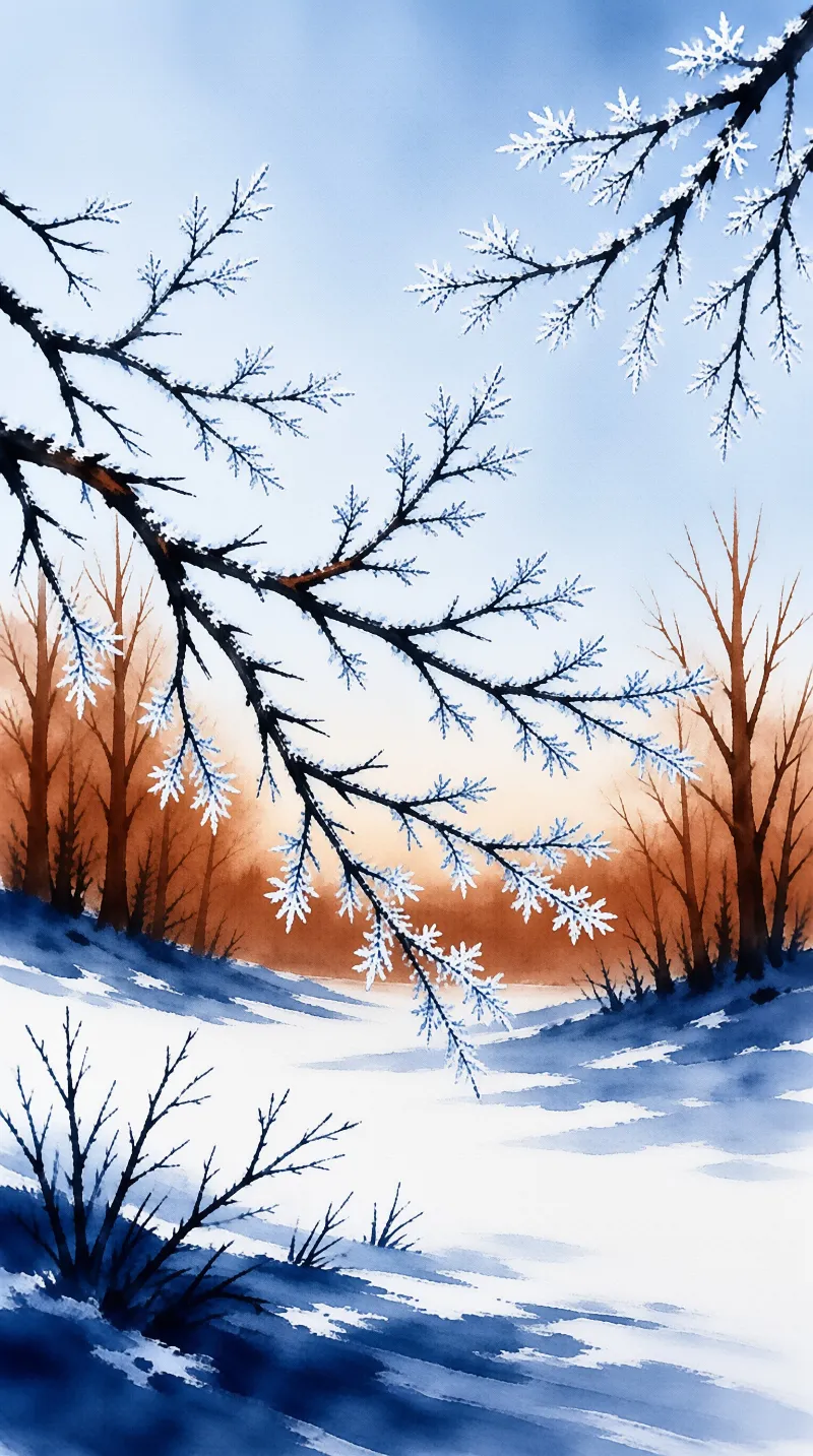 Watercolor painting of icy tree branches hanging over a blue snowfield with a warm orange sky in the background.