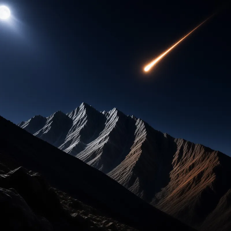 A bright orange streak falls past the full moon above jagged peaks, their faces half silver and half rust red.