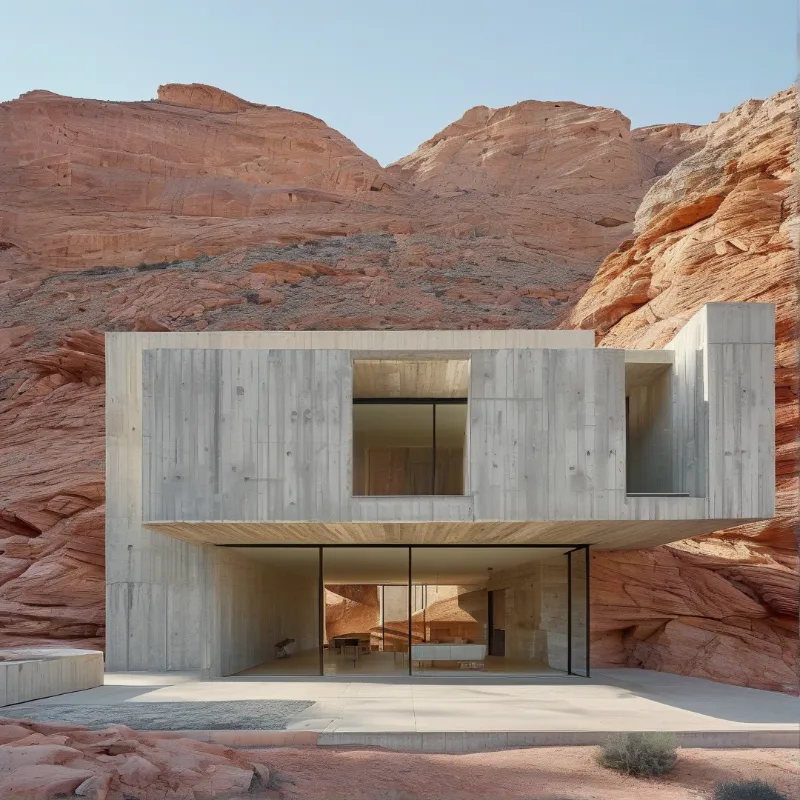 A geometric grey concrete structure features large glass openings against towering red rock cliffs under a clear sky.