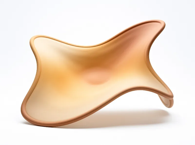 A smooth amber organic form resembling a saddle rests on a plain white surface with soft diffuse lighting.