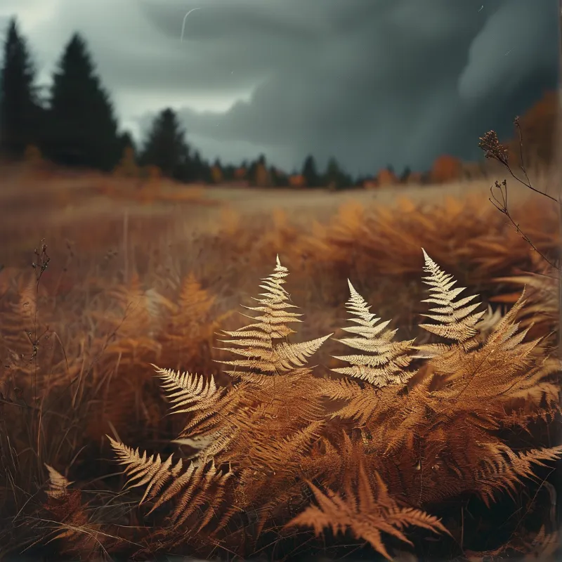 Dried golden fern fronds spread across an autumn moor while dark rain clouds gather above a distant treeline.