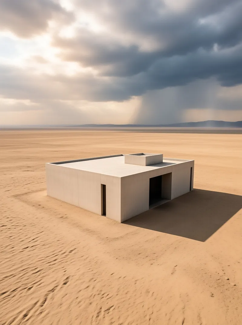 A low rectangular concrete building sits isolated in the middle of a wide sandy desert plain while dark clouds gather overhead casting long shadows across the ground.
