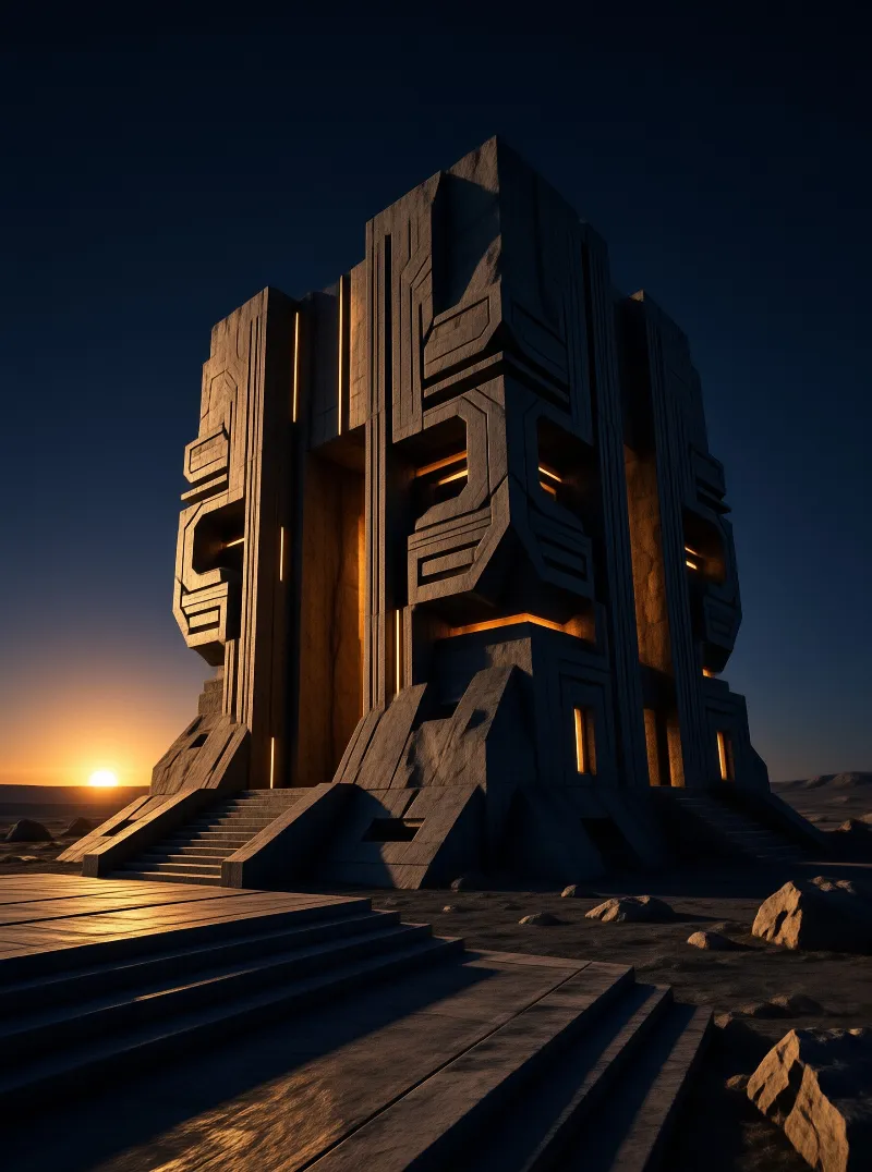 Warm orange light pours from slots in a towering grey block, ringed by stone steps and scattered boulders.