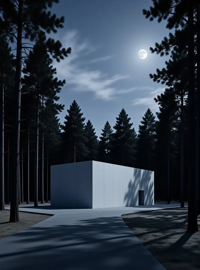 A minimalist white cabin sits in a dark pine forest at night, with a path leading to it and a bright moon in the blue sky.