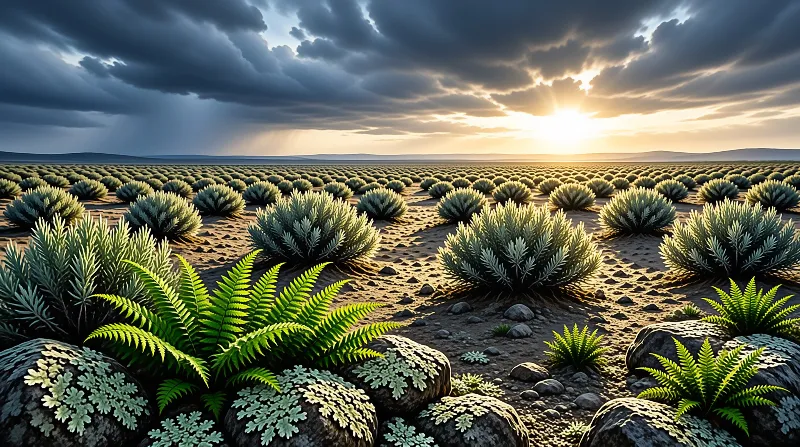 Rows of desert sagebrush stretch across a sandy plain while the sun breaks through heavy clouds on the horizon.