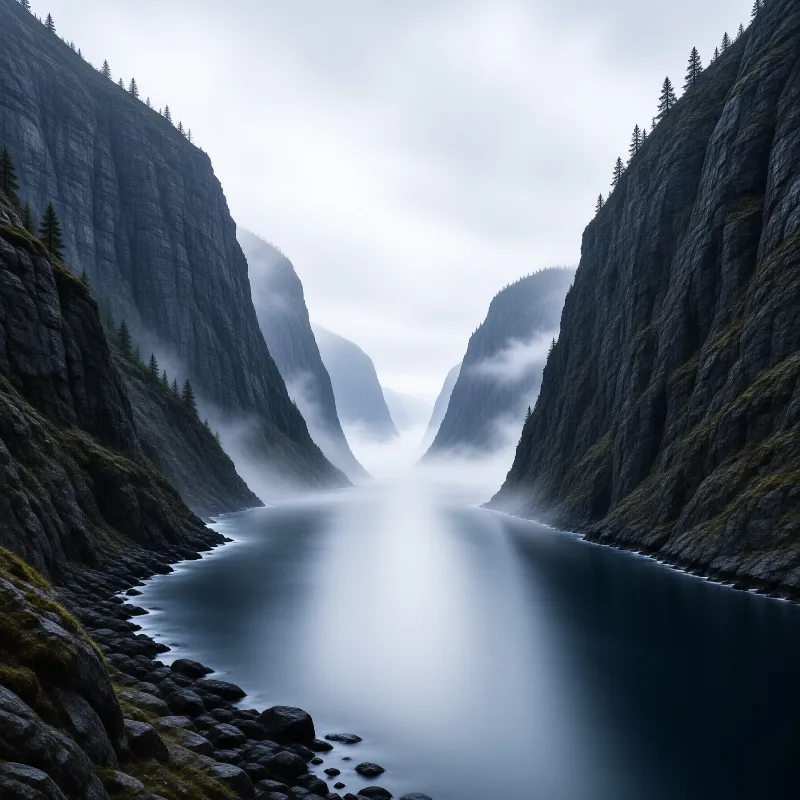 Steep dark cliffs flank a calm fjord whose still water fades into thick fog between pine topped ridges.