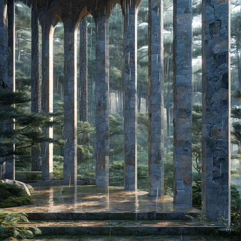 Slender masonry piers rise through drifting rain inside a pine grove, their wet stone floor mirroring pale daylight.