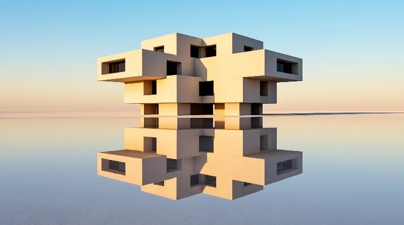 Futuristic modular architecture stands atop a calm reflective surface under a gradient sky.