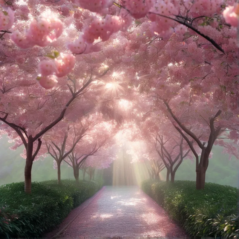 A paved walkway stretches through rows of pink flowering trees with sunlight streaming through the branches above.