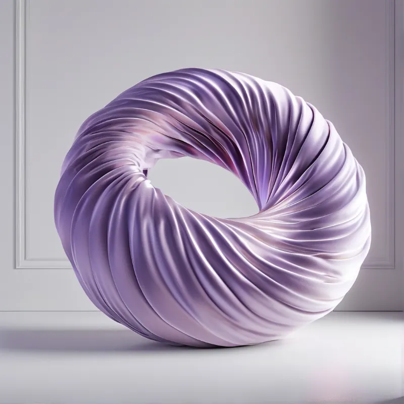 A lavender torus wrapped in spiraling satin folds sits on a pale floor in a softly lit minimalist interior.
