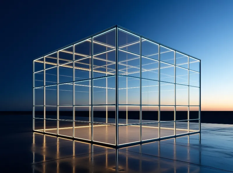 Glow edged glass cube stands on a smooth dark reflective surface under a sky shifting from dark blue to pale orange sunset.
