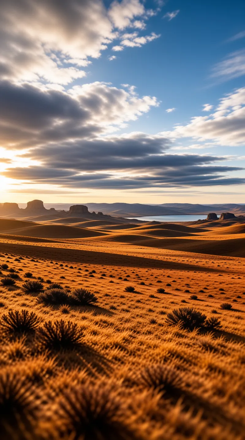 Vast desert dunes roll toward a distant lake under a dramatic cloudy sky lit by warm sunlight.