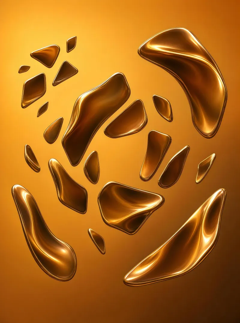 Multiple metallic liquid shapes of varying sizes and organic forms set against a smooth gradient orange background with soft warm lighting.
