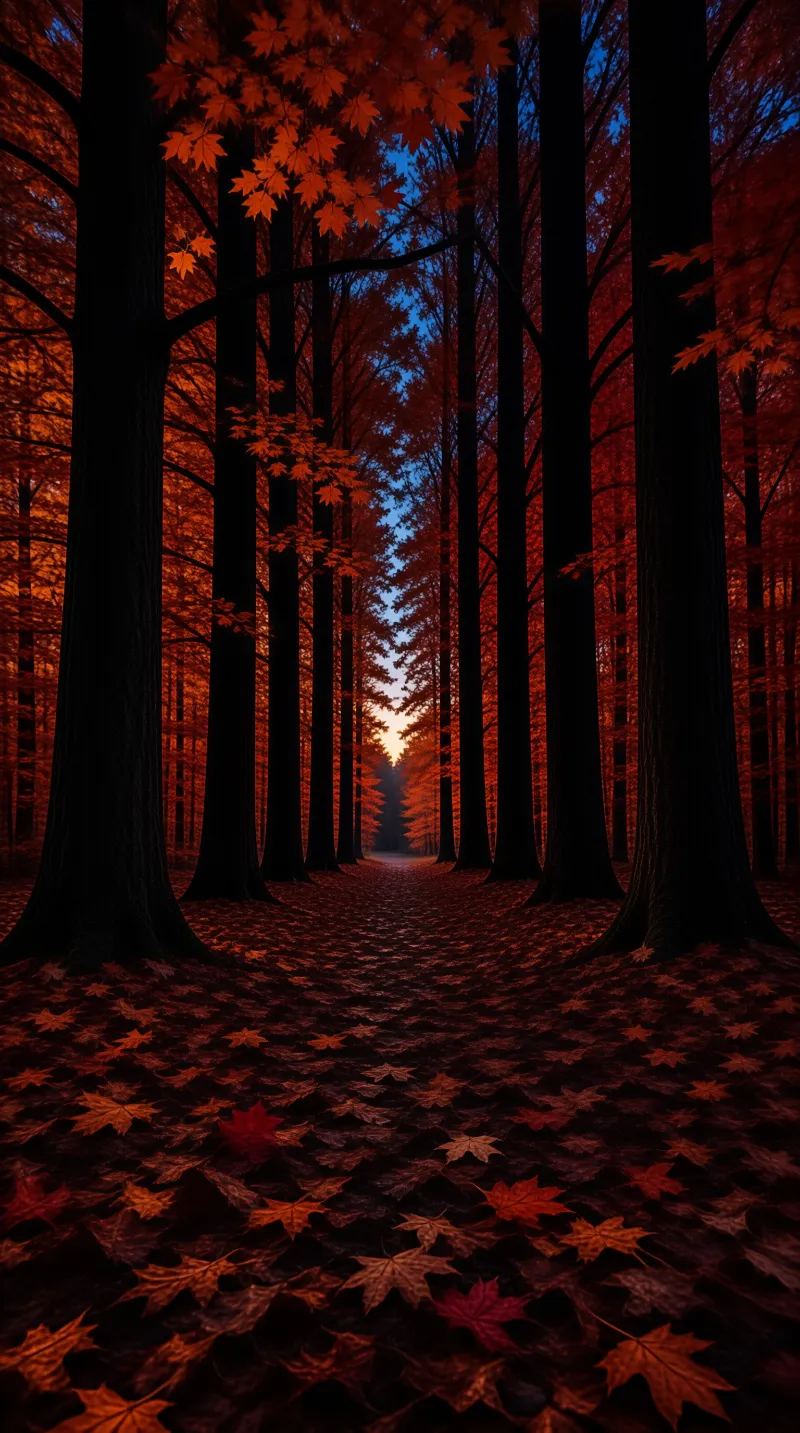 Tall dark trees with bright orange leaves line a forest path that leads toward a glowing horizon at twilight.