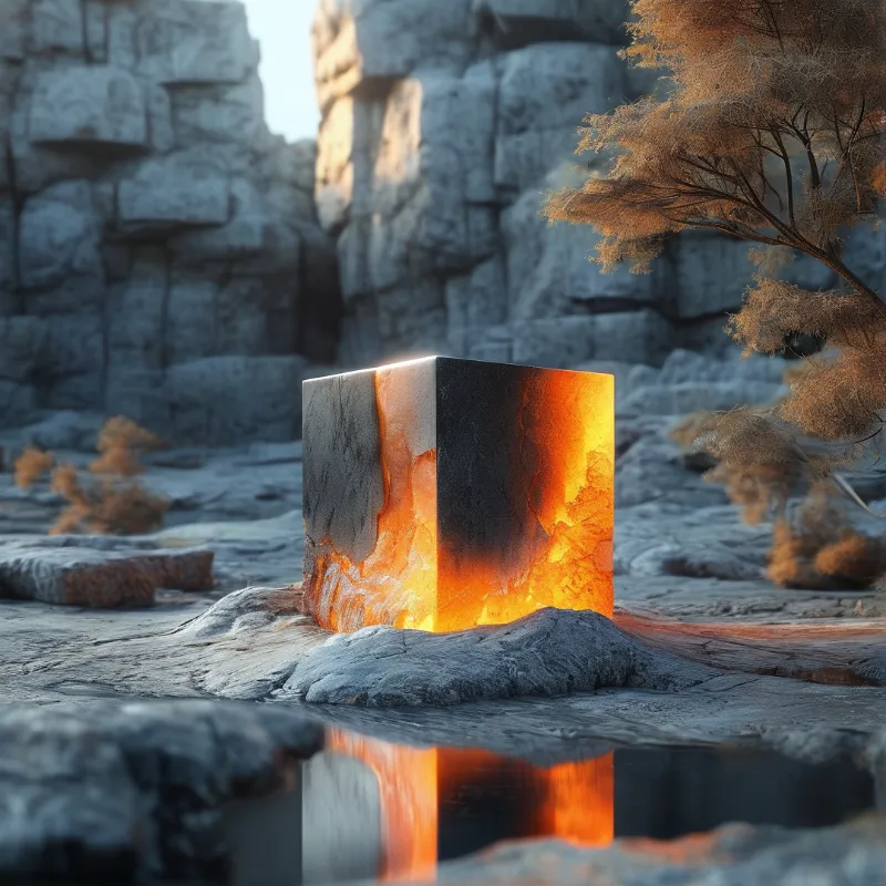 A massive block emitting intense orange heat stands amidst grey stone walls, casting a bright reflection onto a shallow pool.