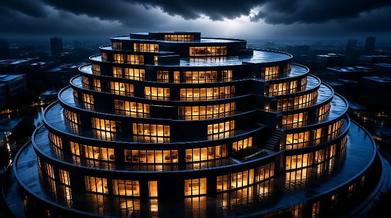 Spiral-shaped modern building with glowing windows reflects rain on its wet surfaces under a dark stormy sky.