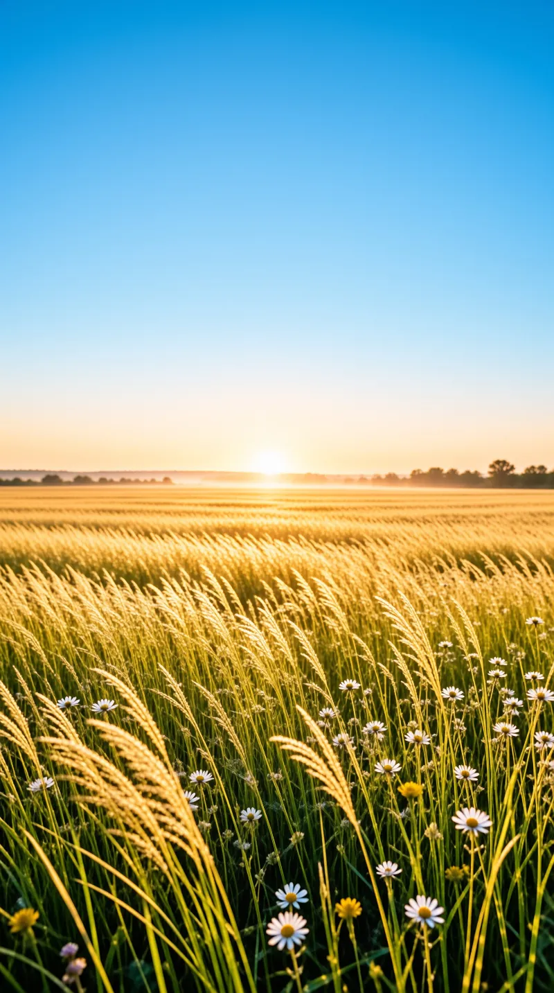 Vast golden wheat field at sunrise with white daisies in the foreground and a clear blue sky above.