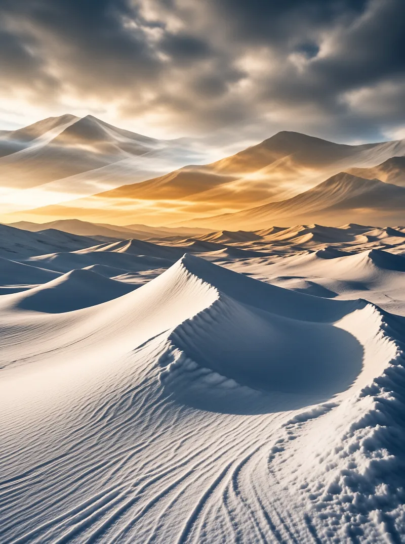 Expansive snow dunes show sharp ridges and shadows where warm sunlight breaks through clouds above the horizon.