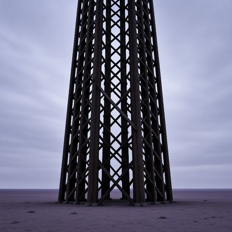 A dark steel lattice tower climbs above a barren plain beneath an overcast lavender sky at dusk.
