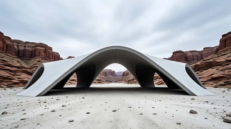 A large white curved building spans a sandy desert floor with red rock cliffs in the background under an overcast sky.