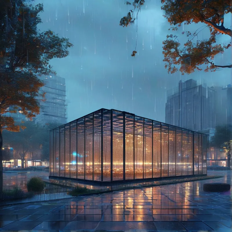 A glass pavilion glows warmly in a rainy urban plaza with wet pavement reflecting light under twilight skies.