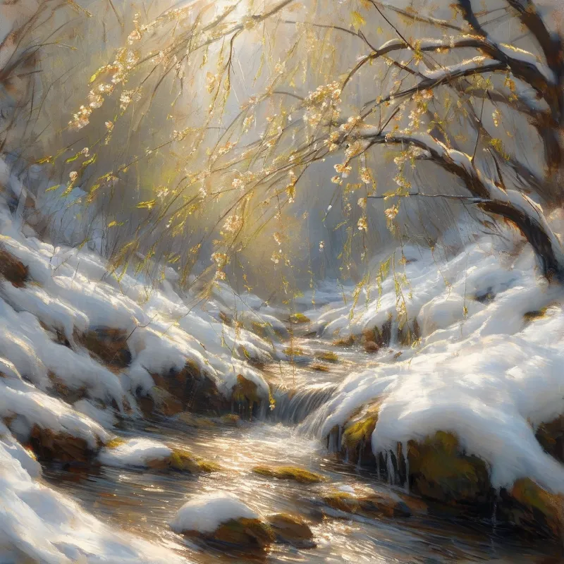 A painterly winter scene of a shallow stream winding through snow, framed by delicate blossoming branches in soft light