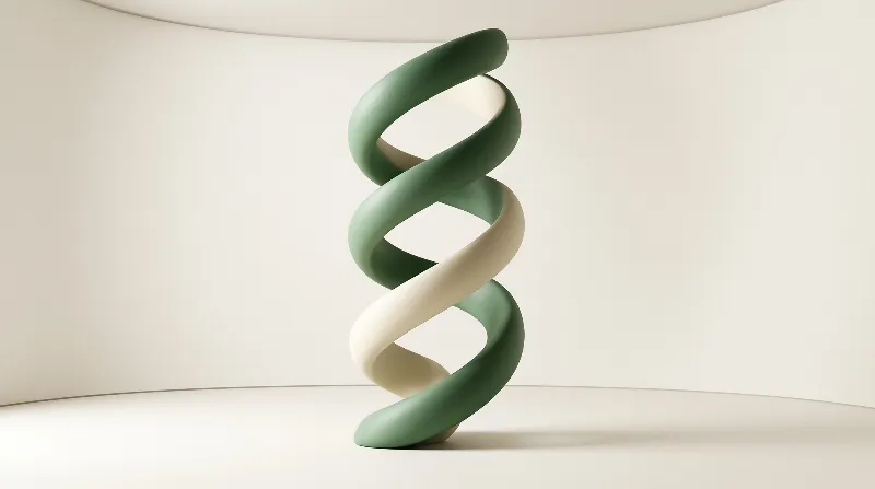 A twisting double helix sculpture with green and cream bands stands in a curved white room under even lighting.