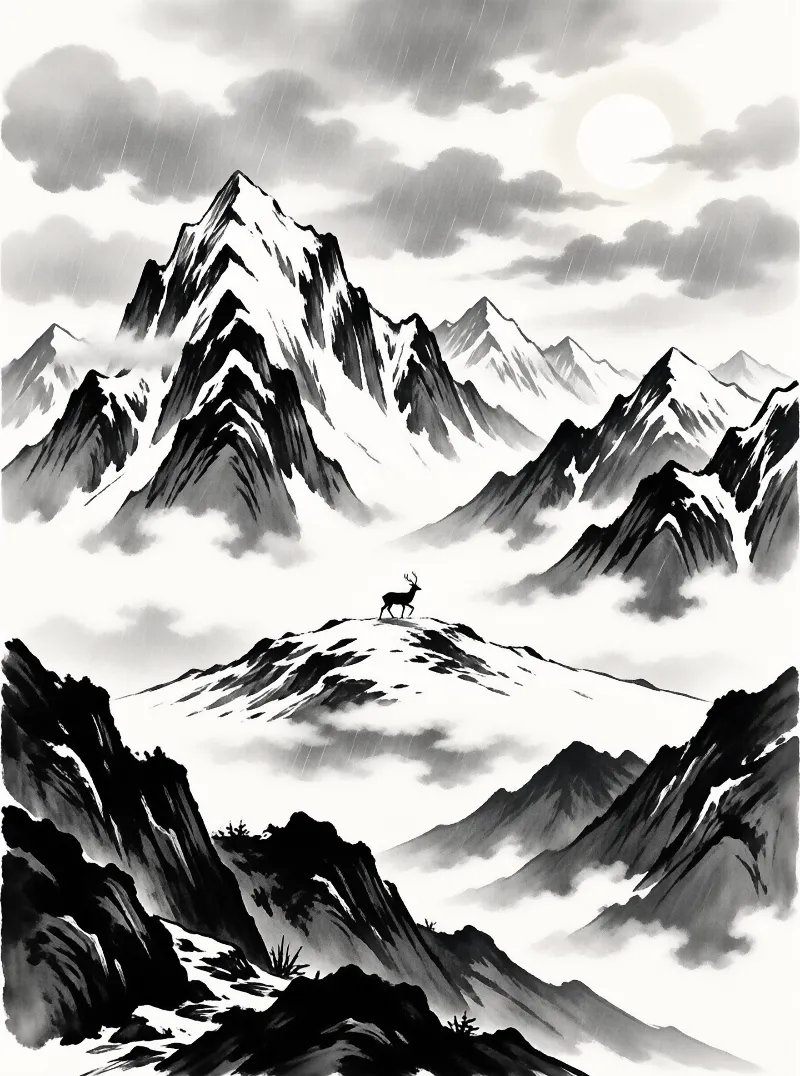 A small deer on a snowy ridge watches rain slip between black brushstroke mountains beneath a pale moon.