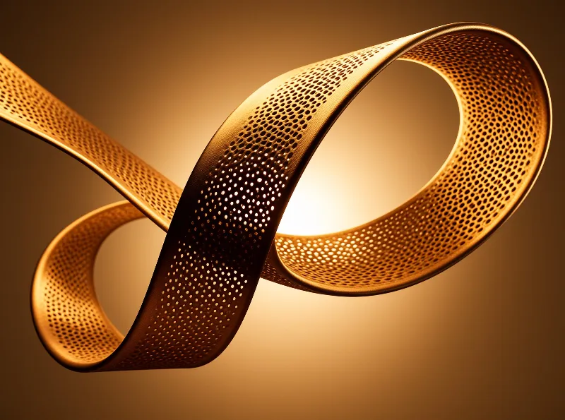 A perforated twisted metallic moebius band glows with warm amber light to show its dotted even textured surface