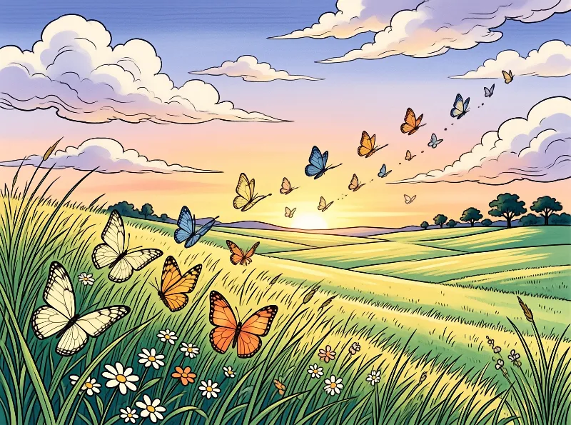 Colorful butterflies fly above a grassy meadow dotted with daisies at golden sunset.