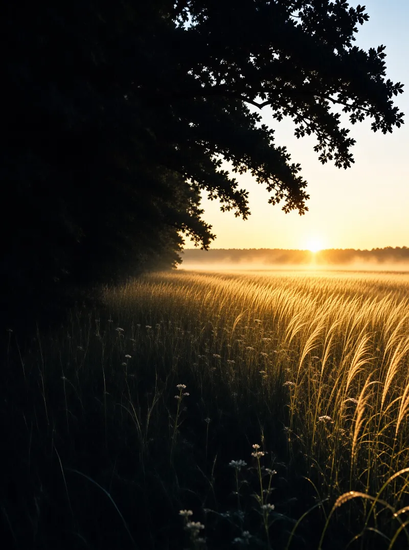 A field of tall grass is bathed in warm sunrise light while a dark tree silhouette frames the misty horizon on the left.