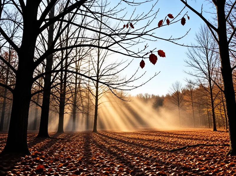 Misty autumn woodland at dawn, bare trees stand over leaf-strewn ground, warm golden sun rays cut through the hazy air.