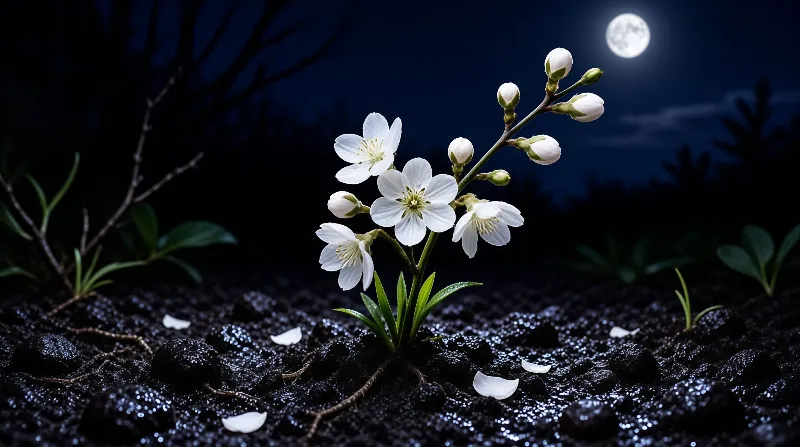 White blossoms on a branch grow from wet dark soil beneath a bright full moon against the night sky with scattered petals.