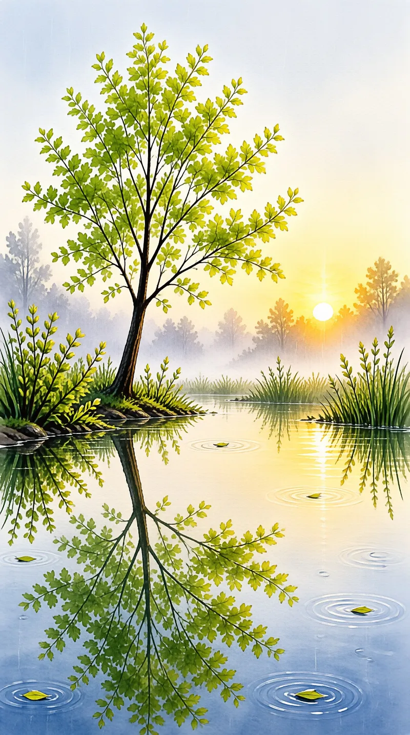 A lush green tree stands on a rocky bank surrounded by calm water reflecting the golden sunrise and misty forest background.