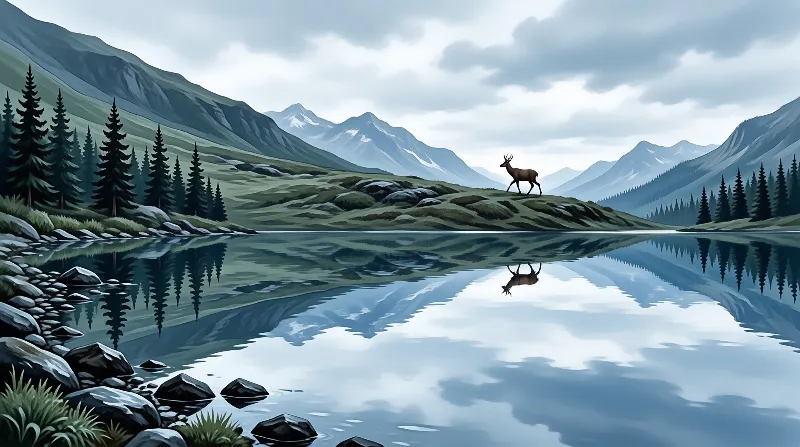 A lone brown elk on a grassy ridge reflects in a calm mountain lake, with evergreen forests and snow-topped peaks around it.