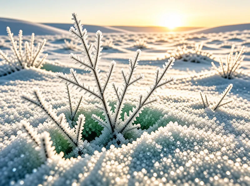 Fine ice needles coat thin branches of a plant poking through mounded snow as a low sun brightens distant dunes.