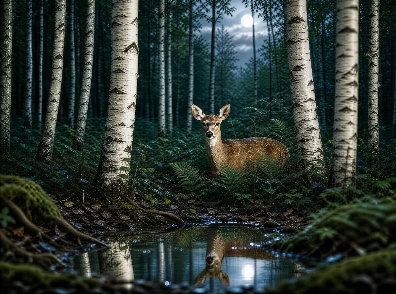 A deer looks toward the camera in a dense birch forest, with a full moon illuminating the scene and its reflection in a nearby stream