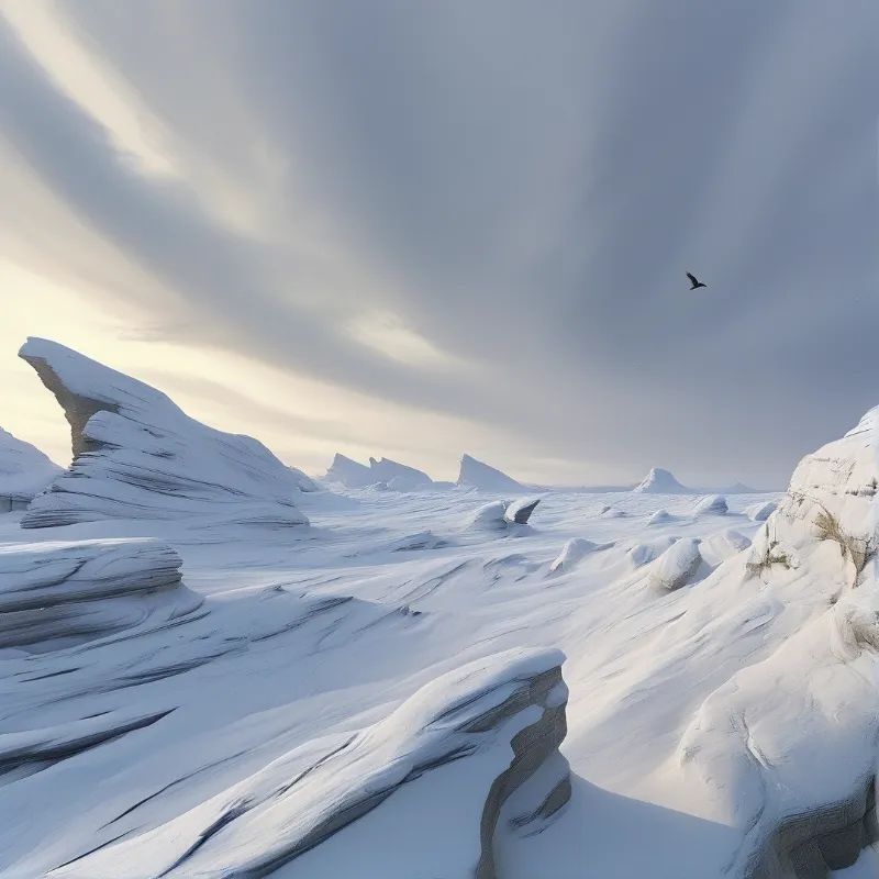 Vast snow covered rock formations stretch across the landscape under a cloudy sky featuring a single bird