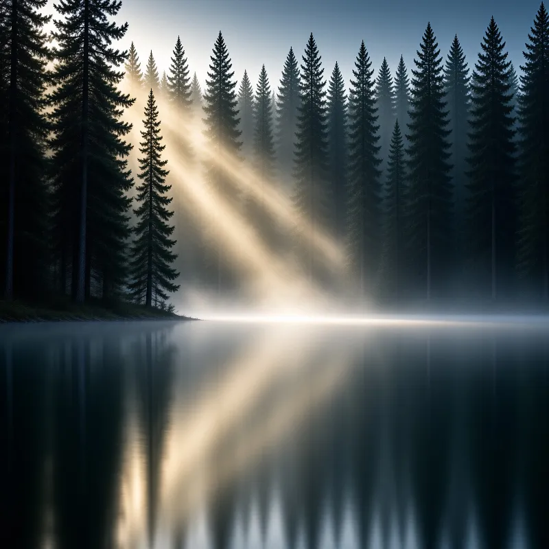 Golden sunbeams pierce a foggy forest, illuminating tall pine trees above a calm, reflective lake.