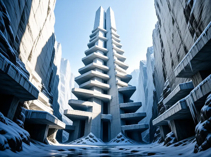 A ziggurat of stacked cantilevered slabs rises between snow-dusted cliffs, icicles hanging from every ledge.