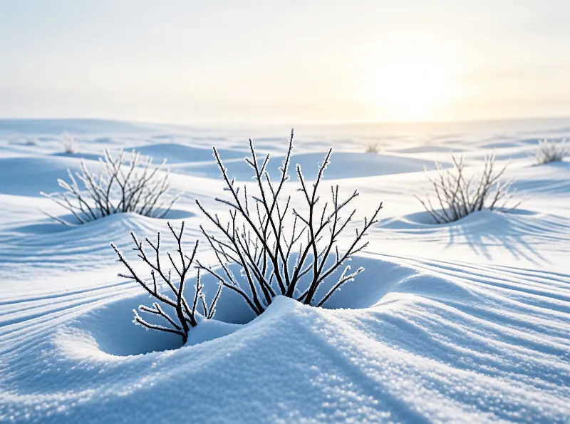 Leafless shrubs rise from wind sculpted ice beneath a glowing horizon.