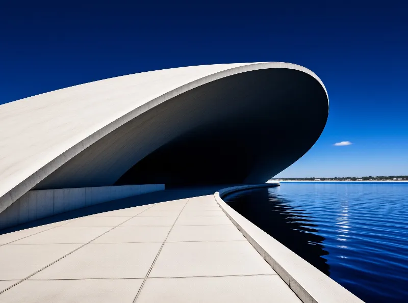 A sweeping white vault arcs above a tiled waterfront walkway under a saturated cloudless sky