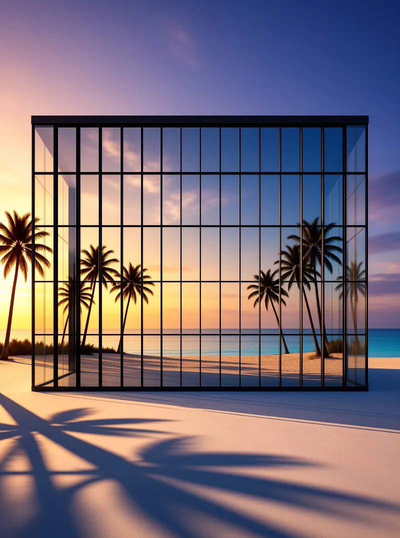 A clear glass box with black bars sits on a beach, showing palm trees and a colorful twilight sky through its walls.