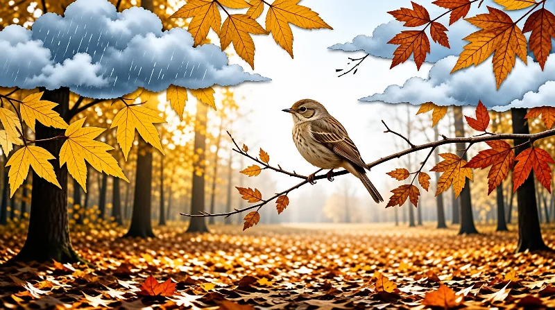 A brown warbler sits on a twig above a forest floor covered in yellow leaves under raining clouds.