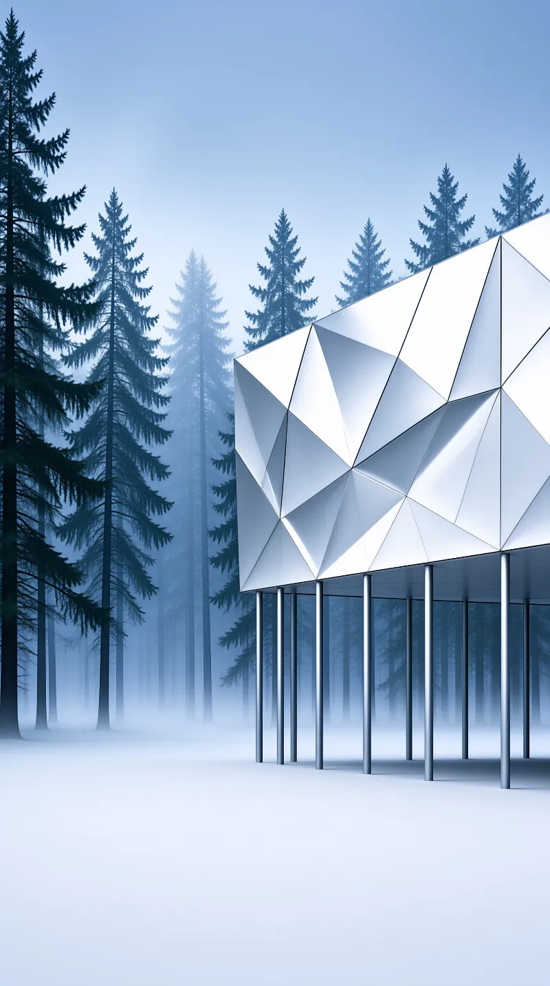 A white geometric structure stands on pillars amidst foggy evergreen trees under a soft blue sky.