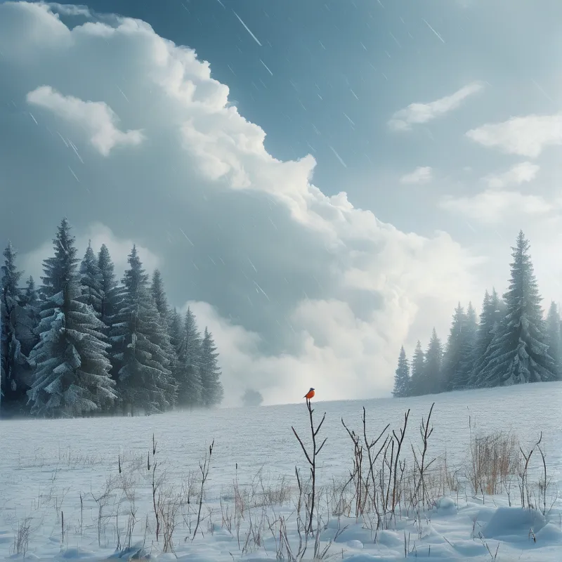 A small orange bird stands on a bare twig in a snowy field while dark storm clouds loom overhead amidst falling snow.