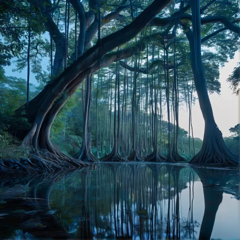 A large banyan tree stands in water with hanging aerial roots creating a symmetrical reflection in cool blue tones.
