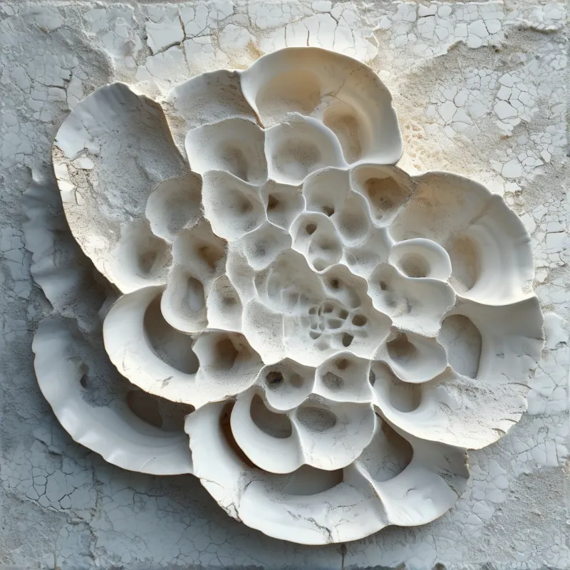 White raised floral plaster relief sits against a pale cracked dry cement wall, marked with weathering and age.