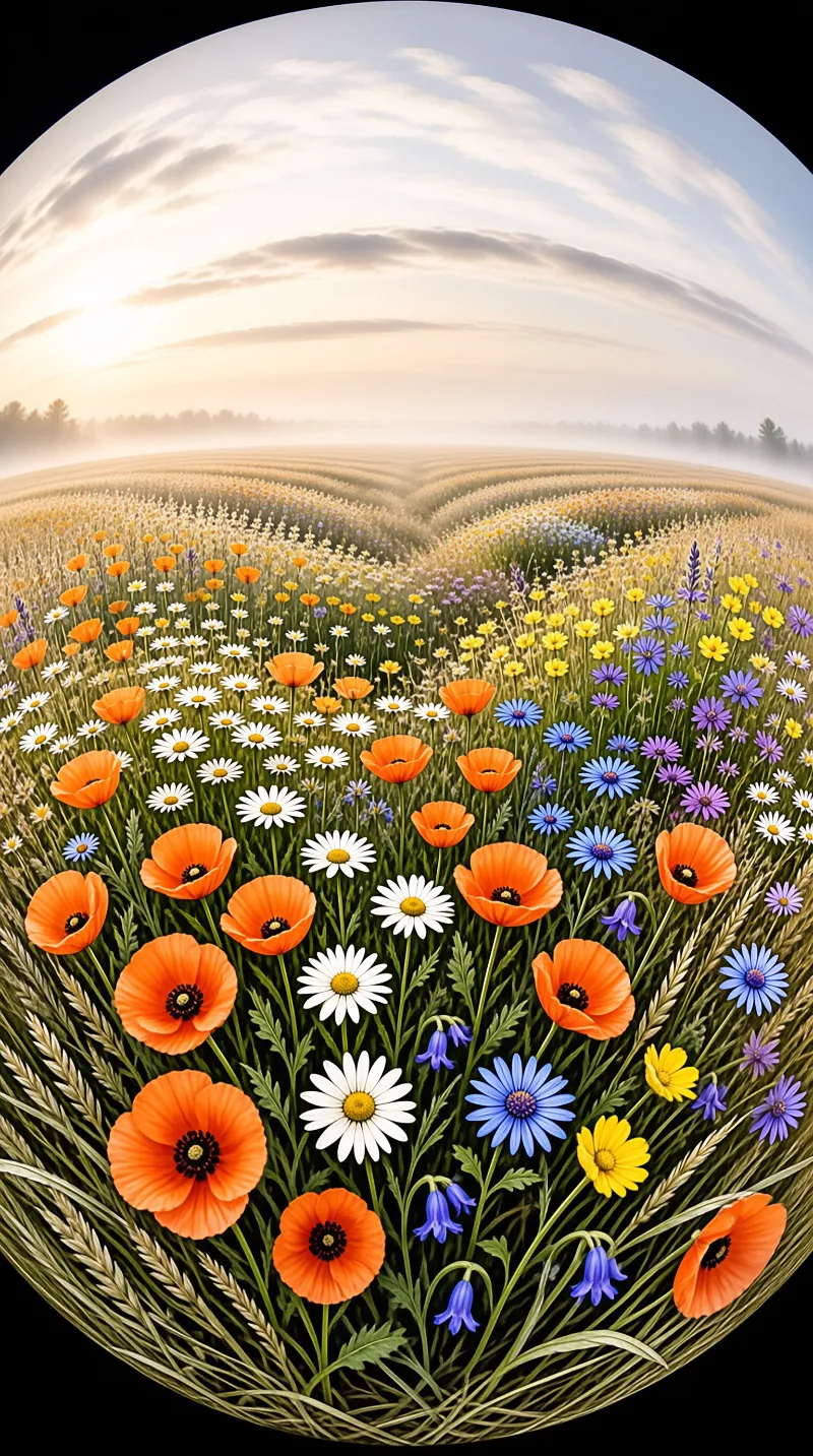 A rounded fisheye view of poppies, daisies, and cornflowers blooming across a misty wheat field at dawn.