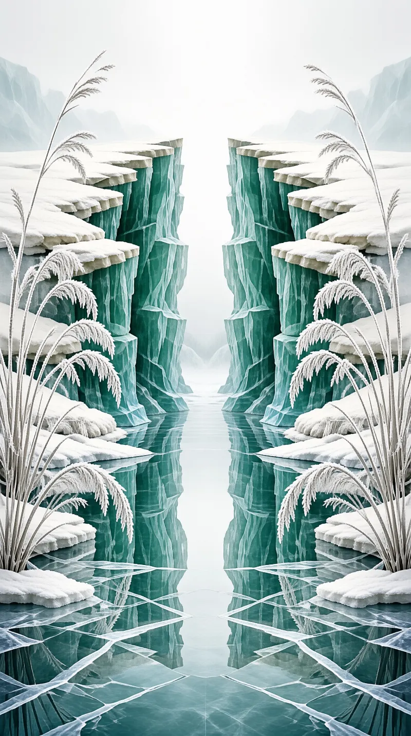 Symmetrical turquoise rock pillars topped with snow stand beside a calm river, framed by tall winter reeds.
